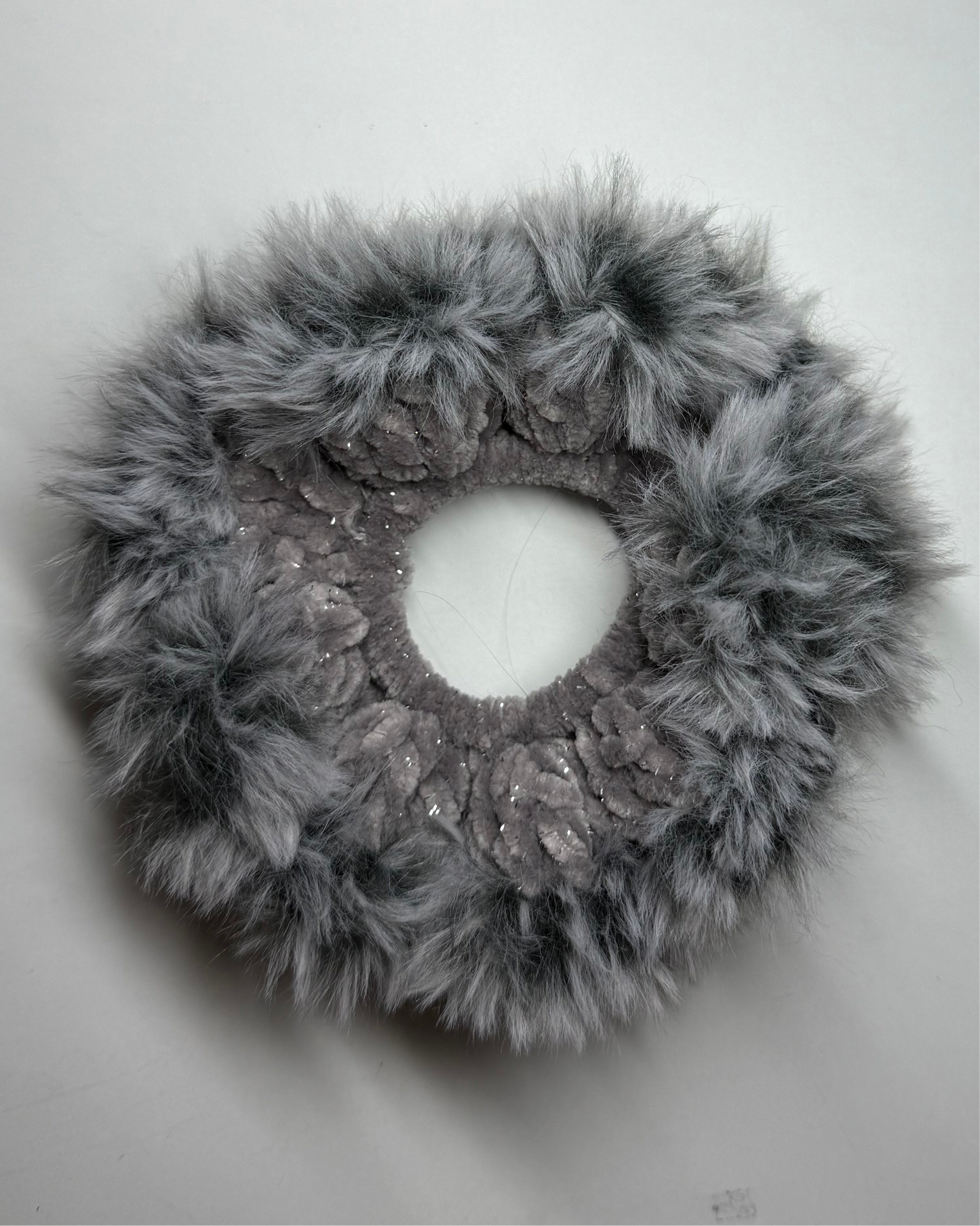 Grey sparkle scrunchie with fur border
