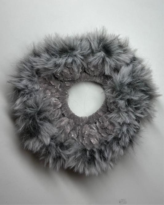 Grey sparkle scrunchie with fur border